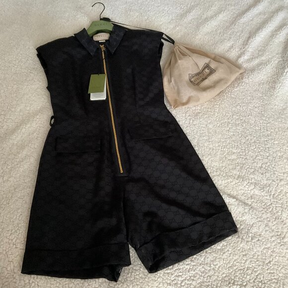 Gucci Black Monogram Jacquard Faille Jumpsuit with Belt - Picture 5 of 14